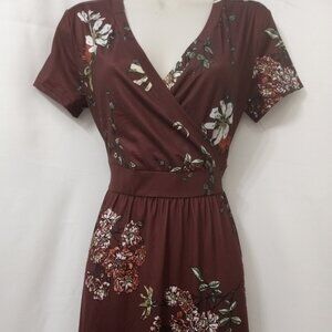 Zattcas Mock Wrap Short Sleeve Maroon Floral Long Tall Maxi Dress Size M